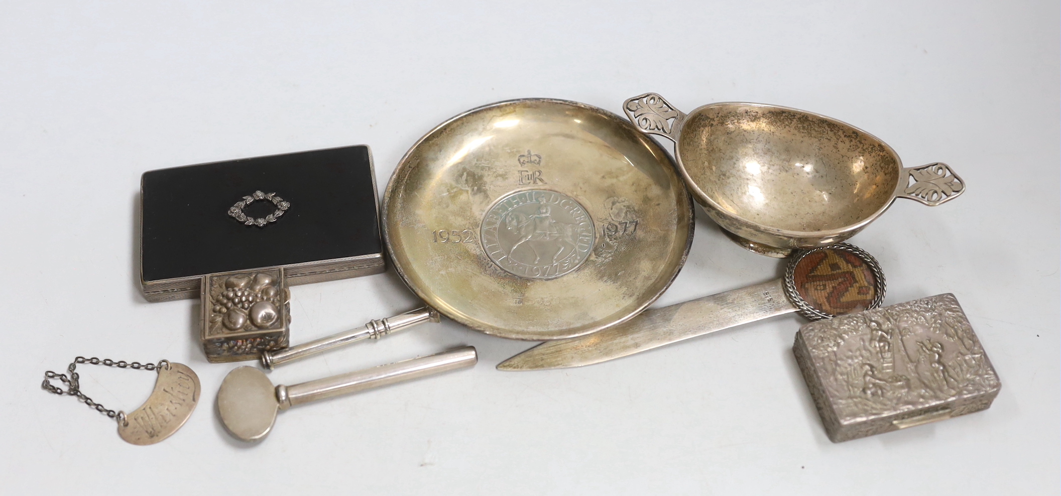 A modern Asprey & Co silver toothpaste key, London, 1988 and other sundry small silver and 925 items including commemorative dish, pill box, salt, wine label and marcasite and enamel set box.